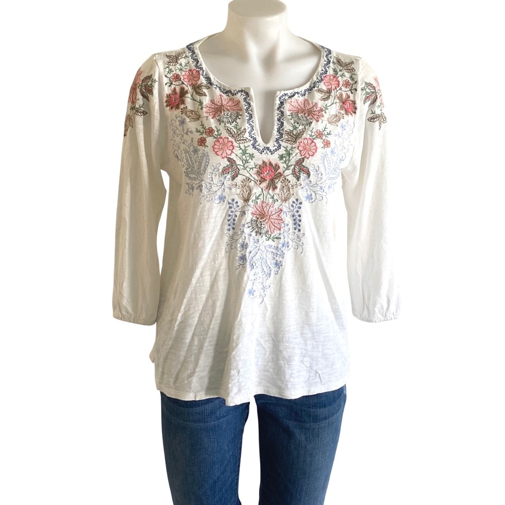 J. Jill Embroidered Floral Peasant Top Ivory Cotton Modal Split Neck Small